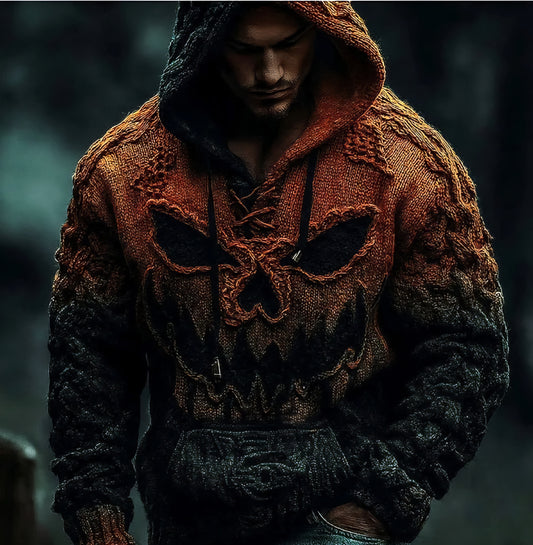 Men's Halloween Pumpkin Face Gradient Jacquard Knit Hooded Sweater