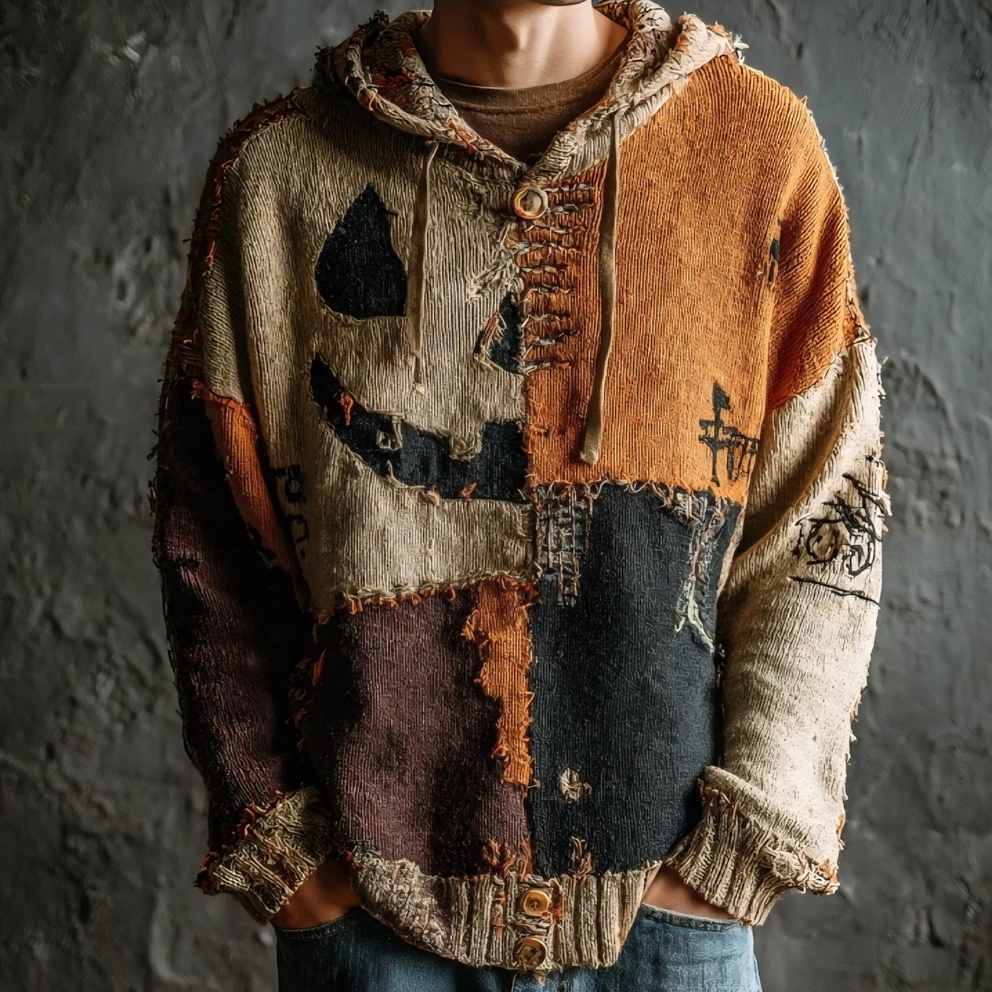 Men's Halloween Pumpkin Face Colorblock Stitched Cozy Knit Hooded Sweater