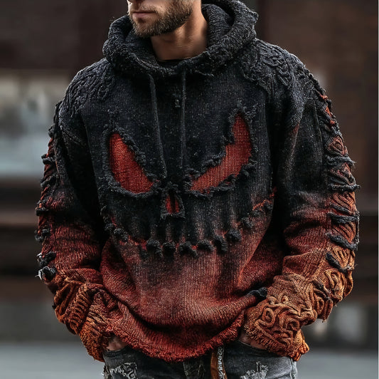 Men's Halloween Spooky Face Gradient Inspired Knitted Distressed Hooded Sweater
