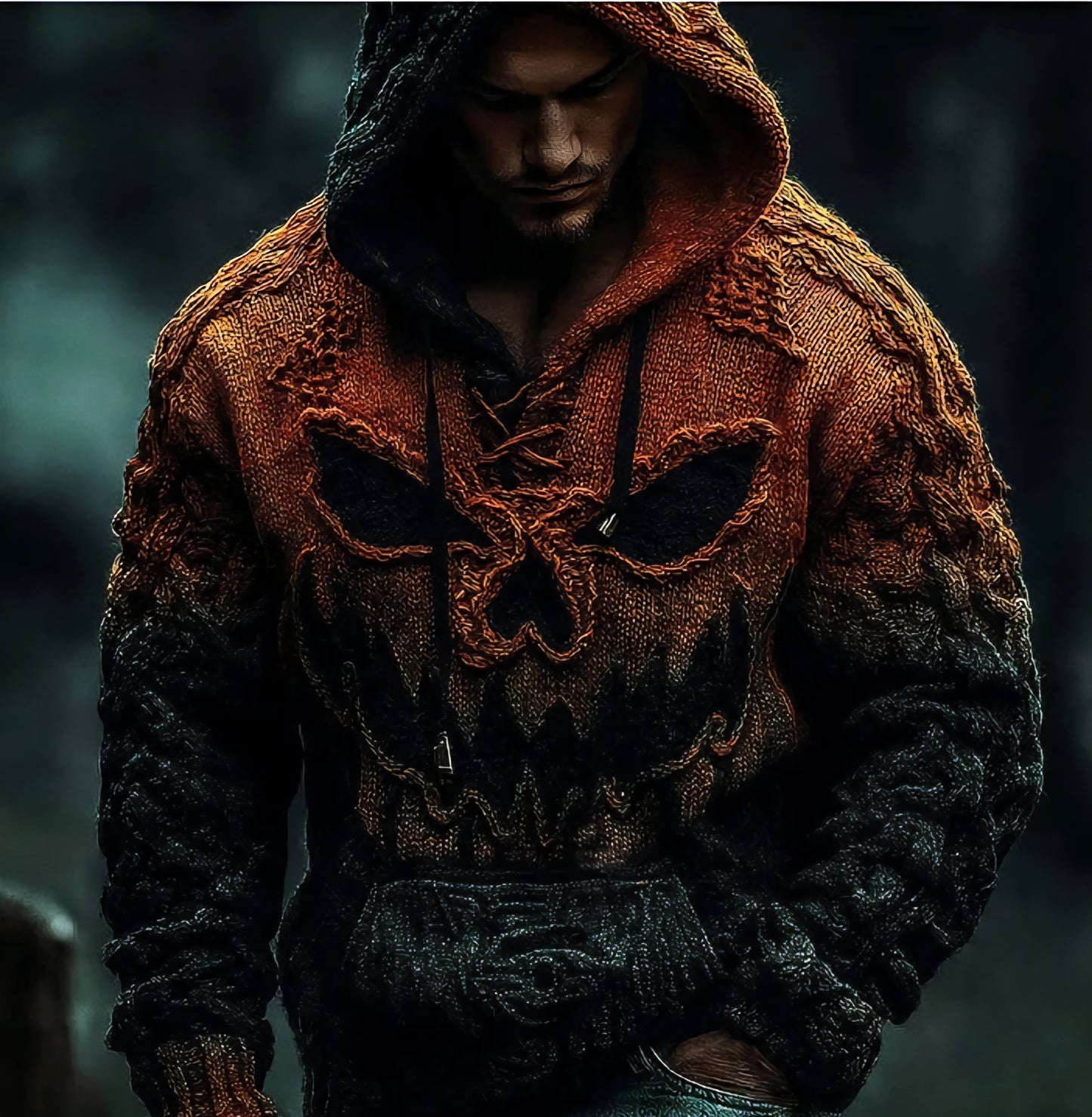 Men's Halloween Pumpkin Face Gradient Jacquard Knit Hooded Sweater